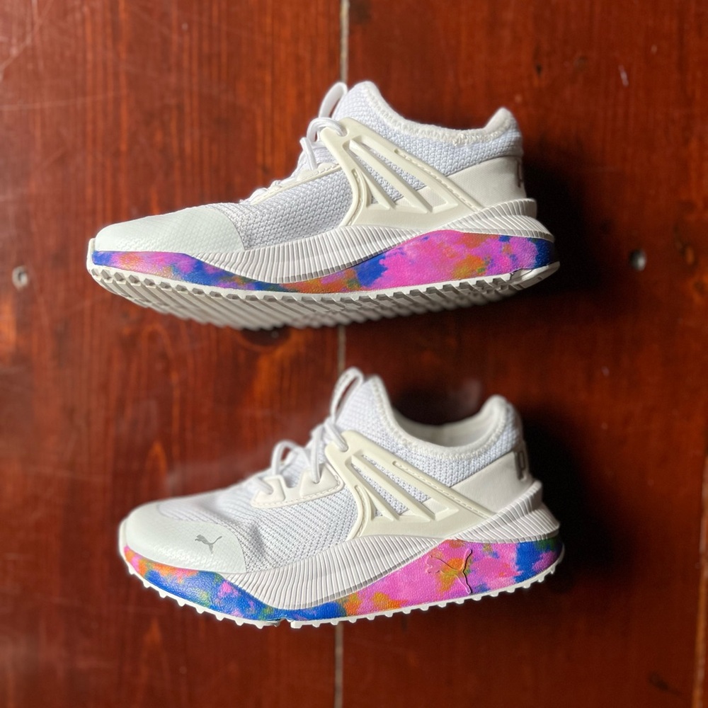Puma white sneakers pink and purple swirl on the bottom size 11 little girls - Picture 1 of 9